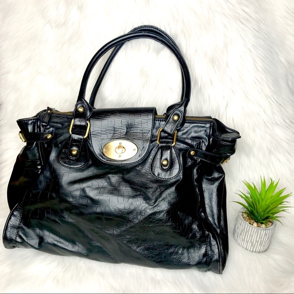 Handbags - Oversized Black Alligator Print Handbag